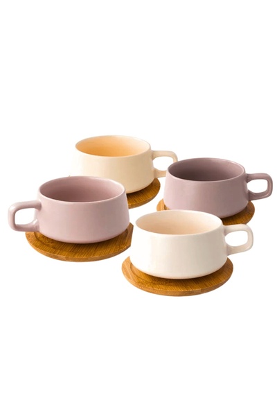 MIAMIO Set of 4 cappuccino cups with saucer made of bamboo, Luxe collection, ...