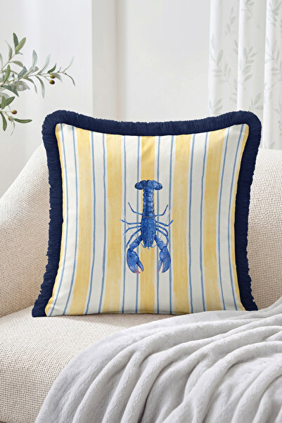 Realhomes Blue Lobster Figured Striped Marine Patterned Fringed Throw Pillow ...