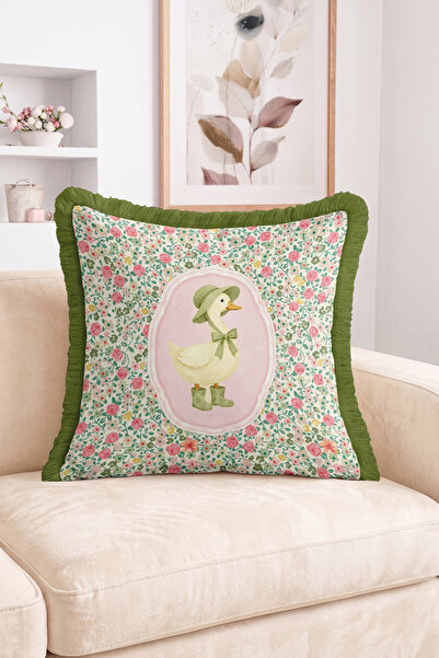 Realhomes Duck Figurine with Hat and Boots Floral Pattern Fringed Throw Pillo...
