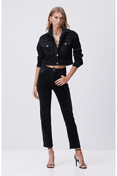 Network Siyah Taş Baskı Detaylı Kadife Denim Pantolon