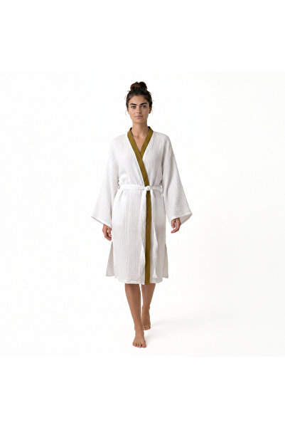 Home Harmony Colorful Collar Kimono 4 Layer Muslin Bathrobe