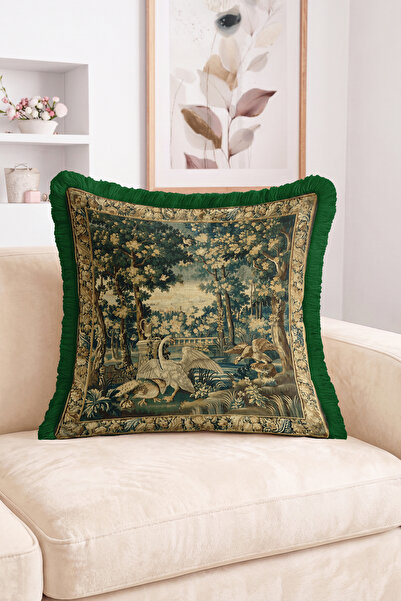 Realhomes Classic Tapestry Pattern with Swans and Trees Green Fringed Throw P...