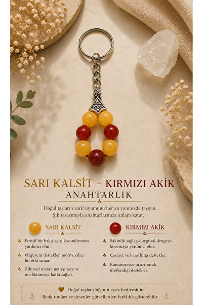 OSMANLI DOĞAL TAŞ Certified Yellow Calcite - Red Agate Keychain