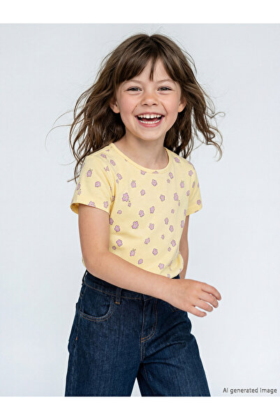 LC Waikiki Trendlucky Floral Girl's Ribbed T-Shirt with Oval Neckline