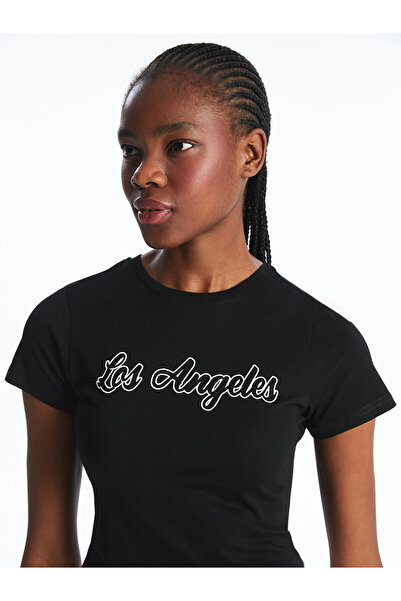 LC Waikiki Alita City Women's Ribbed T-Shirt with Los Angeles Print and Contr...
