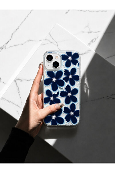 MUSSTECH Iphone 13-14 Uyumlu Çicek Desenli Lacivert Premium Kılıf,Kamera Koru...