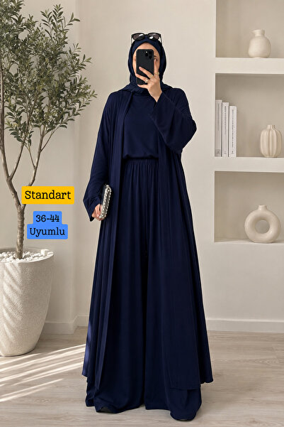 Balenbi Kadın Penye Uzun Hırka Bluz Geniş Paça Pantolon Abaya Takım Lacivert ...