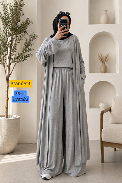 Balenbi Kadın Penye Uzun Hırka Bluz Geniş Paça Pantolon Abaya Takım Grimelanj...