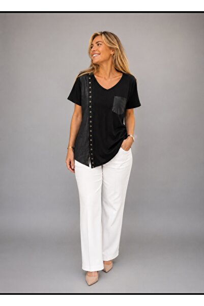 PARKDERİN Plus Size, Soft Textured, Leather-Embellished Blouse