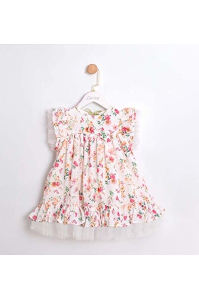 Cumino Girl's Sleeve Detailed Mixed Floral Print Dress 2-5 Years Ecru