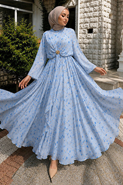 Tesettür Dünyası Floral Patterned Buckled Chiffon Dress Tsd260256 Blue