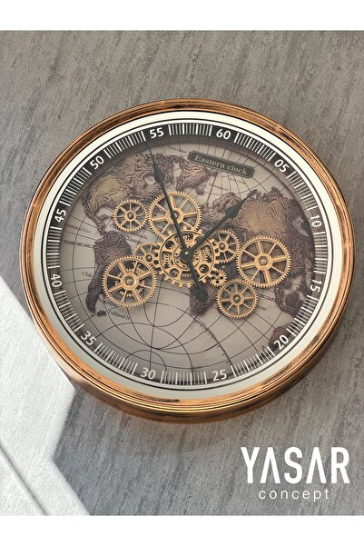 YASAR CONCEPT Eastern Clock Dünya Haritalı Metal Çarklı Duvar Saati 60 Cm