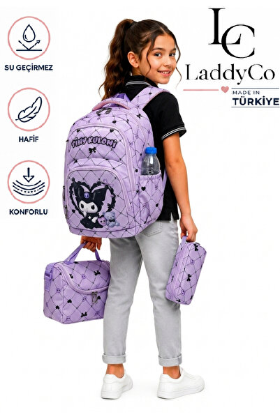 LaddyCo حقيبة مدرسية ابتدائية من ليلك مطبوعة عليها شخصيات، طقم من 3 قطع، حقيب...