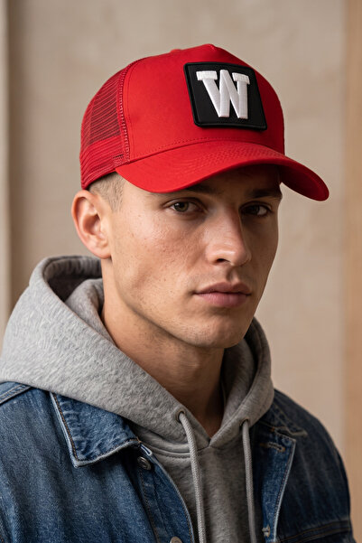 all hats Mesh Red Hat with Letter Patch Detail |   Sports Hat Suitable for Da...