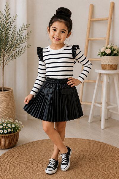 Nisankids Set de top cu detalii din piele cu dungi din piele pentru fetiță de...