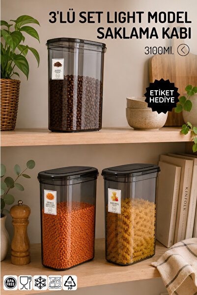 Nandy Home 3,1 litri. Set de 3 recipiente de depozitare model Light cu etiche...