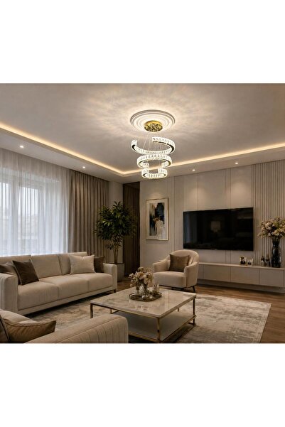 lunexa aydınlatma Modern LED Kristal Taşlı 3 Katlı Sarkıt Avize Salon Villa O...