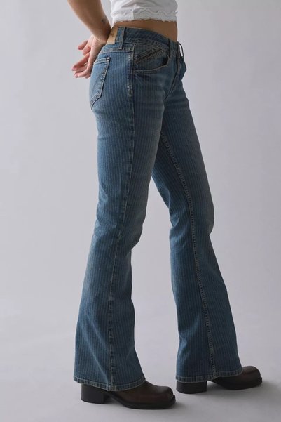 september island Morgan Smoky Blue Stripe Patterned Low Waist Flare Jeans