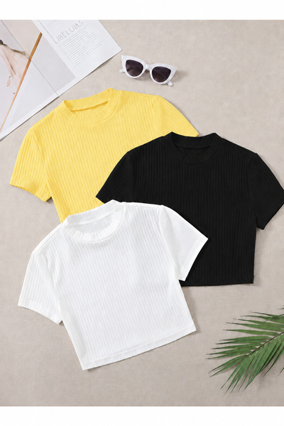 ÖZ PAMUK Set 3 tricouri crop pentru femei, negre, din tricot reiat din bumbac