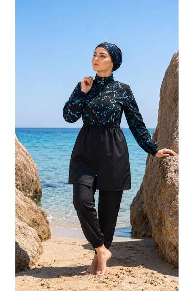 Lina&Noor Black and Blue Patterned, Adjustable Waist, Elastic, Fully Covered Hijab, Islamic Swimsuit, Beachwear with Bonnet as a Gift