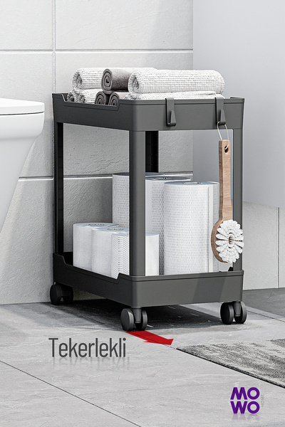 Mowo Home Mowo 2 Katlı Tekerlekli Banyo Rafı, Tuvalet Kağıtlık, Havluluk, Det...
