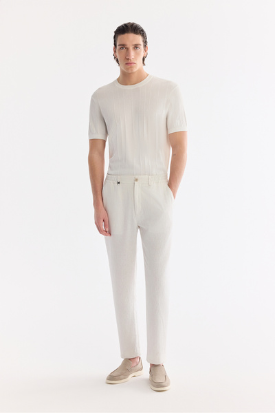 Avva Men's White Elastic Waist Linen Blend Relaxed Fit Trousers A61Y3204