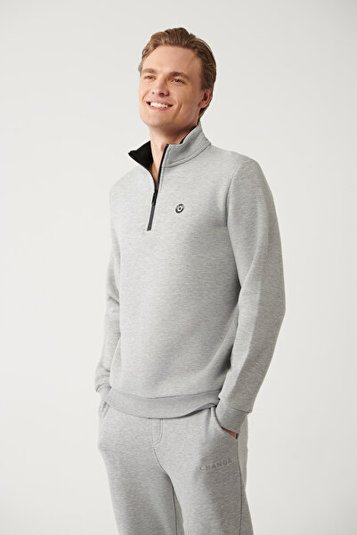 Avva Men's Gray Stand Collar Zippered 3 Thread Raised Sweatshirt E 001020