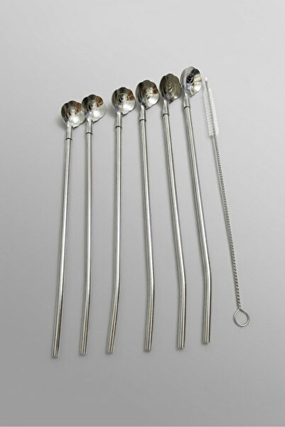 Elista 6'lı Paslanmaz Krom Pipetli Latte Kaşığı Kokteyl Kaşığı Ve Temizleme Fırçası, 22 Cm GÜL