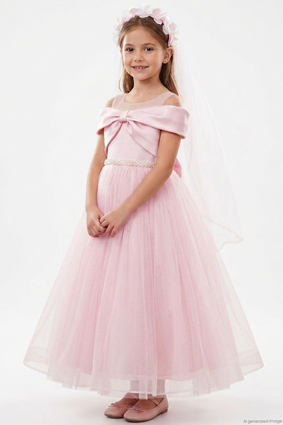 MONİTA Girl's Evening Dress, Back Part with Bow, Flower Crown, Waist Part wit...