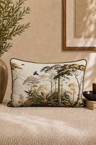 ASDİVA Nature Pattern Digital Printing Cream-Oil Green Piping Decorative Thro...