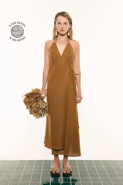 Roman Boyundan Bağlamalı Keten Elbise Olive YY011018_027