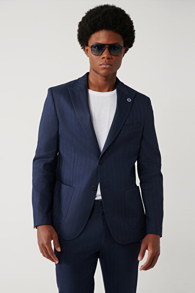 Avva Erkek Lacivert Keten Karışımlı Hafif Astarsız Esnek Comfort Slim Fit Cek...