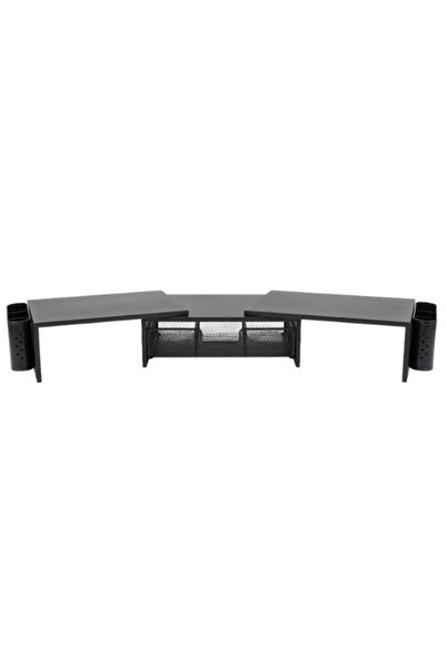 Temel Black Dual Monitor Riser Stand with Drawer Desktop Organizer 9216