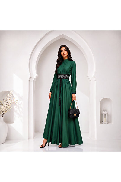 Muslima Wear Étoile de Paris Koyu Yeşil Fransız Şifon Tesettür Abiye