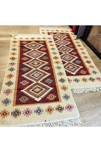 Horecahome Set de 2 covorașe tradiționale, dimensiune 60 x 90 cm, roșu și crem