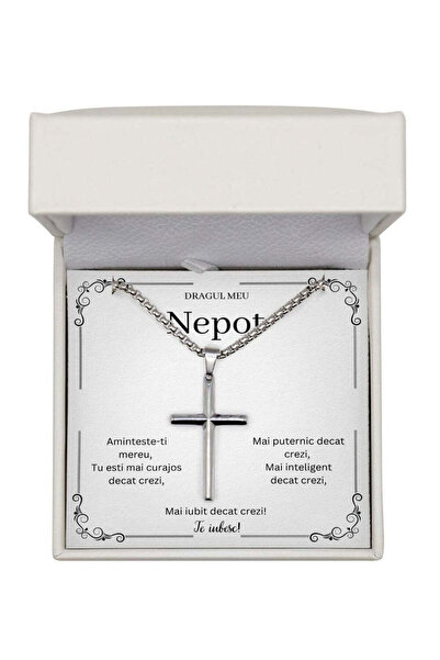 The Jewel Heart Colier pentru Nepot - Pandantiv Cruce, Mesaj Inclus, Argintiu...