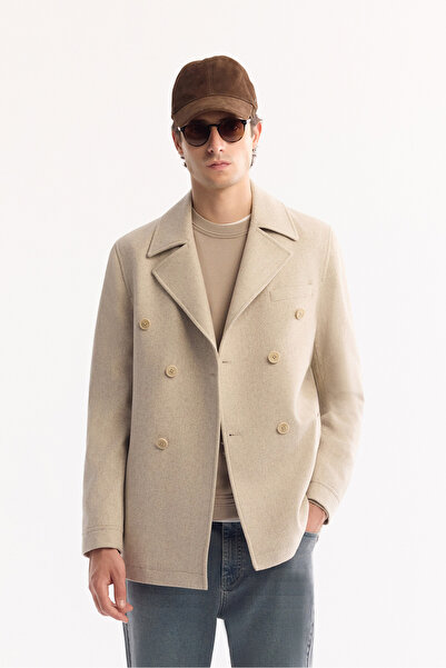 Avva Men's Beige Double-Breasted Wool Blend Lined Cashmere Coat A52Y6065