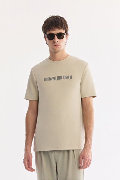 Avva Men's Beige Crew Neck Printed Bi-Stretch Interlock Regular Fit T-Shirt A...