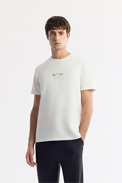 Avva Men's Ecru Crew Neck Printed Bi-Stretch Interlock Regular Fit T-Shirt A5...