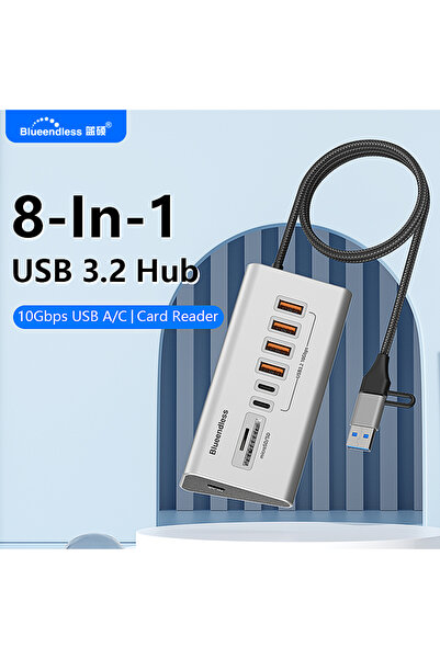 Choice HU806 8 IN 1 Blueendless Aluminium USB3.2 Gen2 10Gbps HUB with TF/SD C...