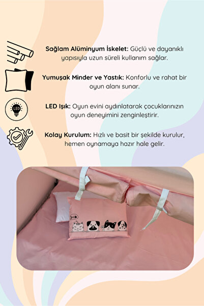 YHH Kids CasaMio Işıklı Oyun Evi Çocuk Oyun Çadırı Minder ve Yastıklı Pembe