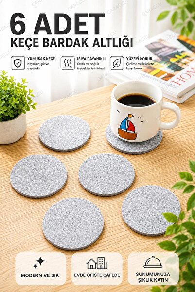 garaccu Modern ve Şık Yuvarlak Kupa Bardak Altlığı Gri 6'lı Set
