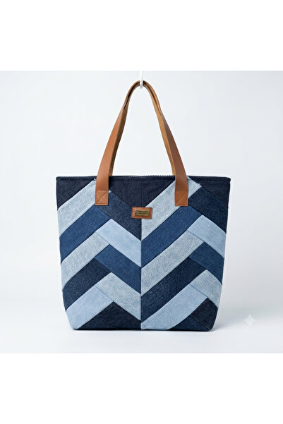 MAVİCENZA Kadın Patchwork Denim Tote Çanta – Özel Tasarım Kot Omuz Çantası