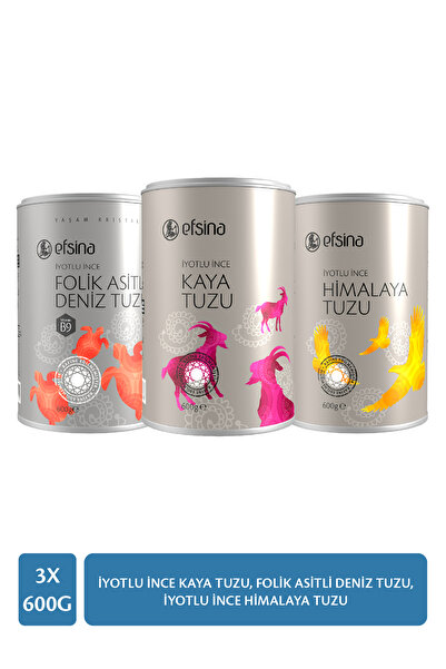 Efsina 3'lü Paket 600 GR İyotlu İnce Kaya Tuzu + Folik Asitli Deniz Tuzu + İy...