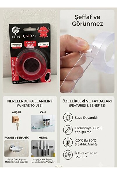 HAMADEX Çok Güçlü Çift Taraflı Şeffaf Akrilik Montaj Bant Çivi Yok 2 Metre