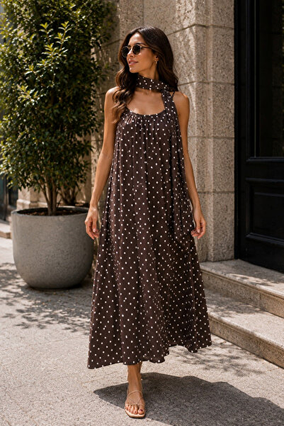 QBZ PUANTİYELİ İP ASKILI FÜLARLI MAXİ ELBİSE