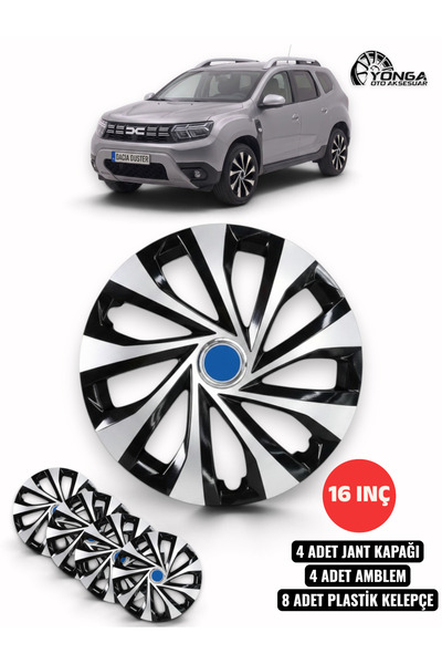 YONGA OTO AKSESUAR DACİA DUSTER 16 İnç Jant Kapağı 4'lü Set Siyah Gümüş + 4 A...