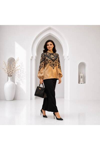Muslima Wear Altın Siyah Yaprak Desenli Jasmine Bluz