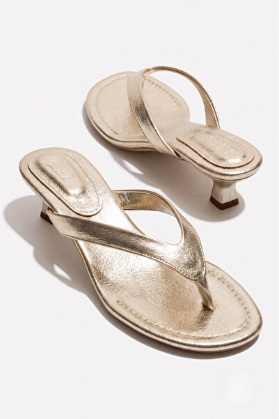Lizzu Women's Gold Orthopedic Sole Sandals Flip-Flop Short Heeled Slippers (4cm)