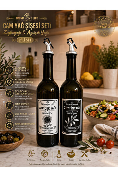 Trend Home Life Stantsız Amber 2 li Cam 750 ml Yağdanlık Seti Zeytinyağı Ayçiçekyağı Şişesi Yağlık Yağdanlık